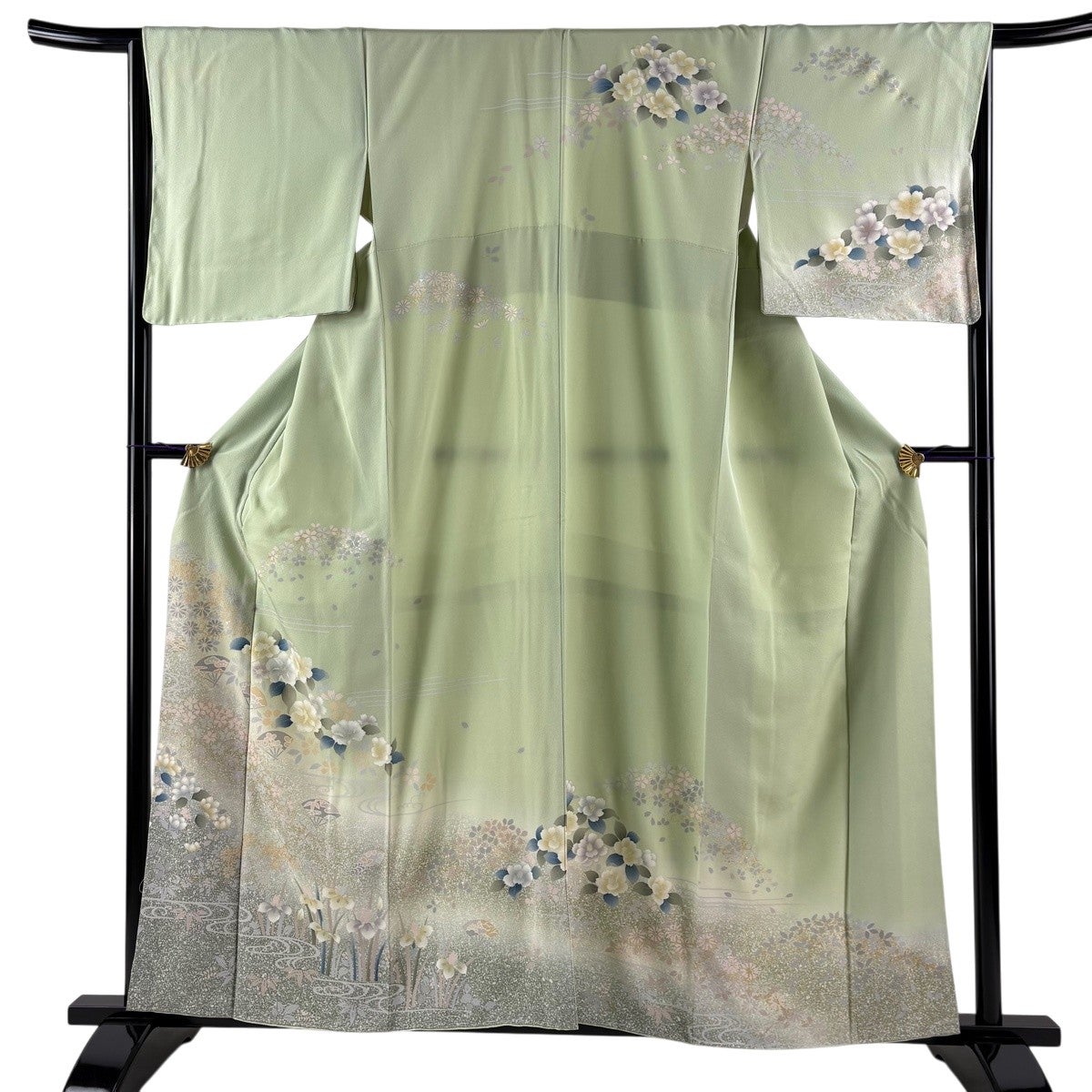 訪問着 身丈158.5cm 裄丈66cm M 袷 草花 扇 金銀彩 ぼかし 薄緑 正絹