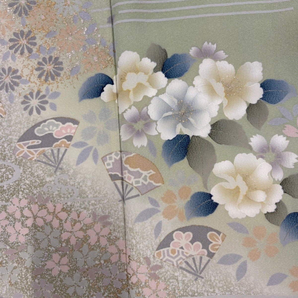 訪問着 身丈158.5cm 裄丈66cm M 袷 草花 扇 金銀彩 ぼかし 薄緑 正絹