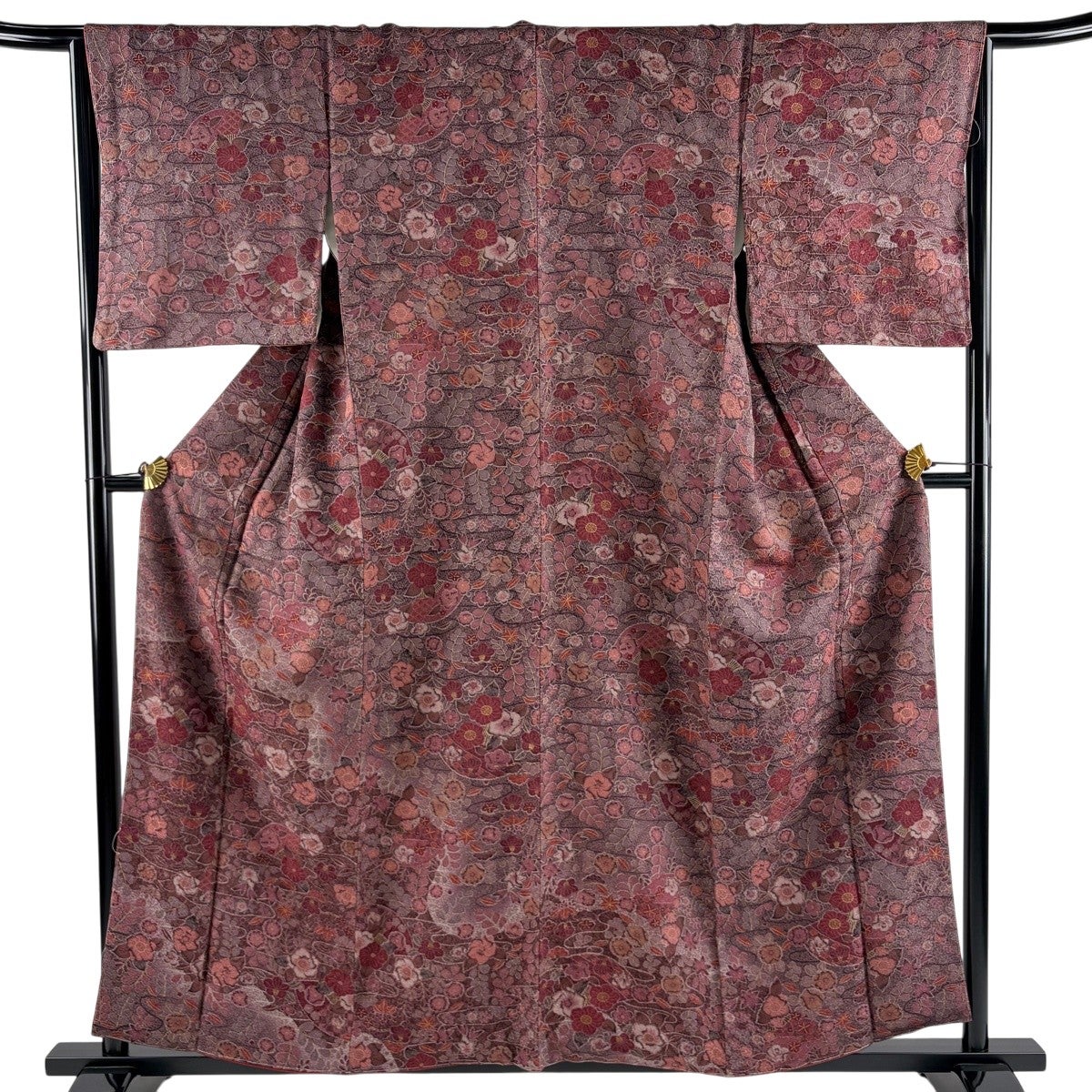 美品】 小紋 身丈159cm 裄丈66cm M 袷 扇 草花 金彩 赤紫 正絹 秀品