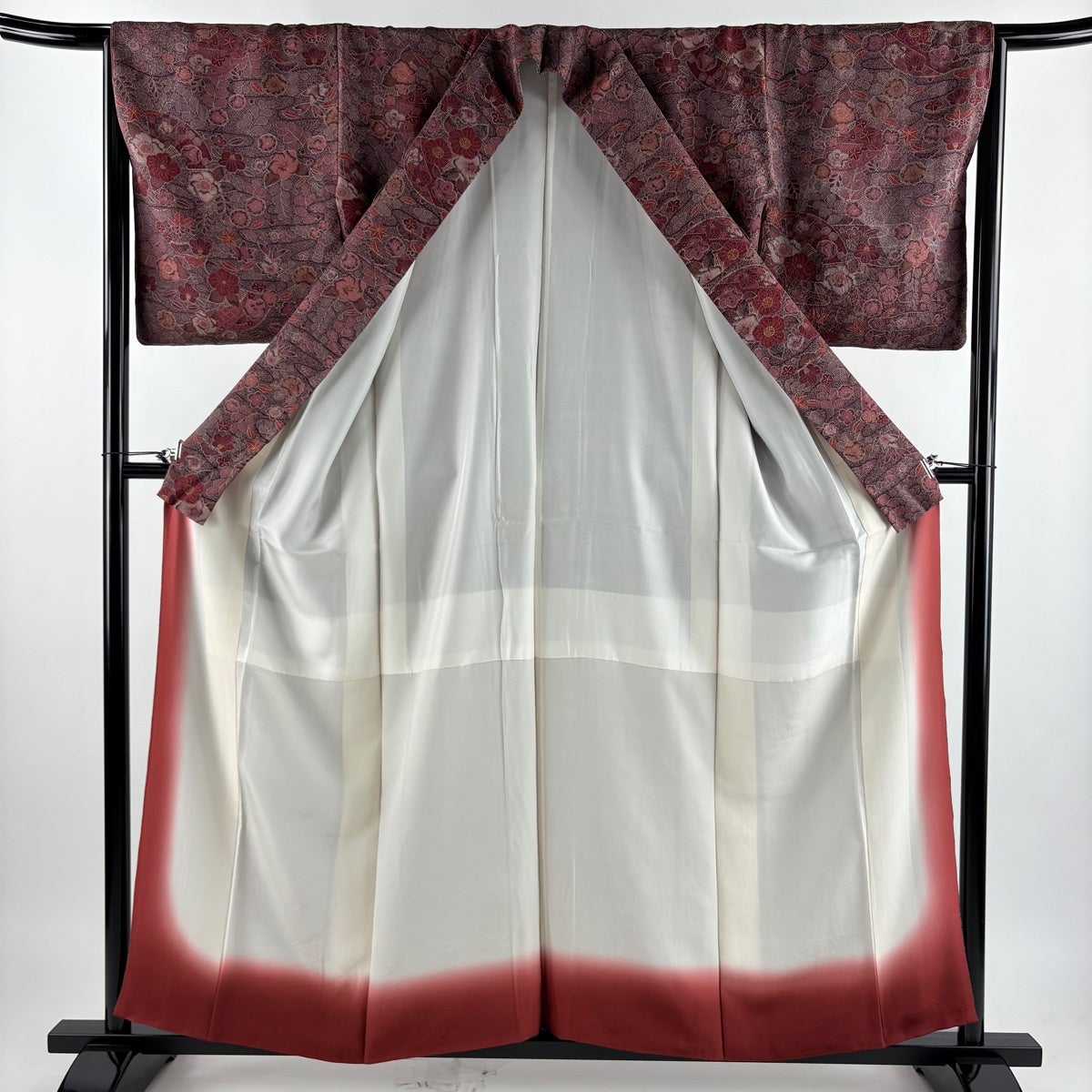 美品】 小紋 身丈159cm 裄丈66cm M 袷 扇 草花 金彩 赤紫 正絹 秀品
