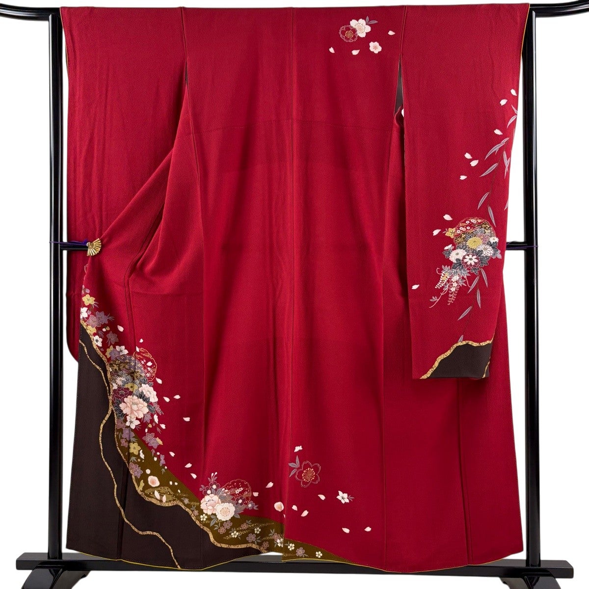 振袖 身丈156cm 裄丈63.5cm S 袷 蝶 牡丹 金彩 赤 正絹 秀品｜中古