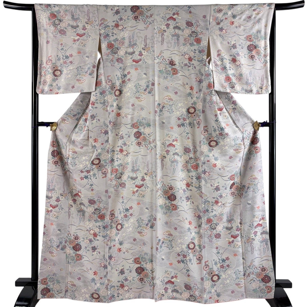 美品】 小紋 身丈167.5cm 裄丈65cm M 袷 紬地 縞 紫 正絹 秀品｜中古
