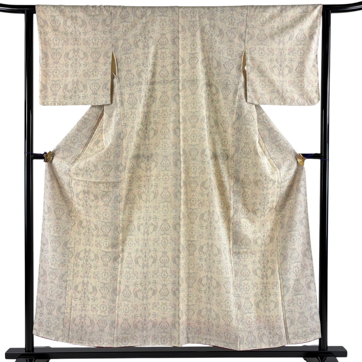 紬 身丈154cm 裄丈62cm S 袷 草花 幾何学模様 ベージュ 正絹 秀品