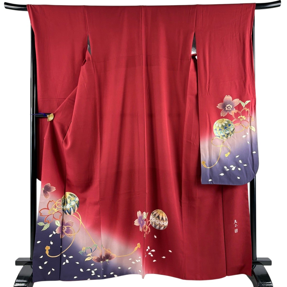 【振袖フルセット】身丈163.5cm 裄丈69cm 桜 手鞠 金彩 ぼかし 赤 美品】 振袖 身丈166cm 裄丈68.5cm L 袷 和田光正 落款あり 手鞠 桜