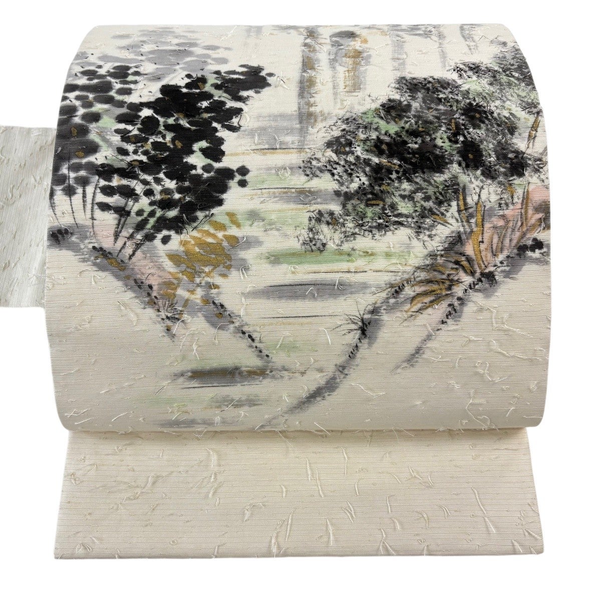 名古屋帯 秀品 髭紬地 樹木 金彩 クリーム 正絹｜中古・古着
