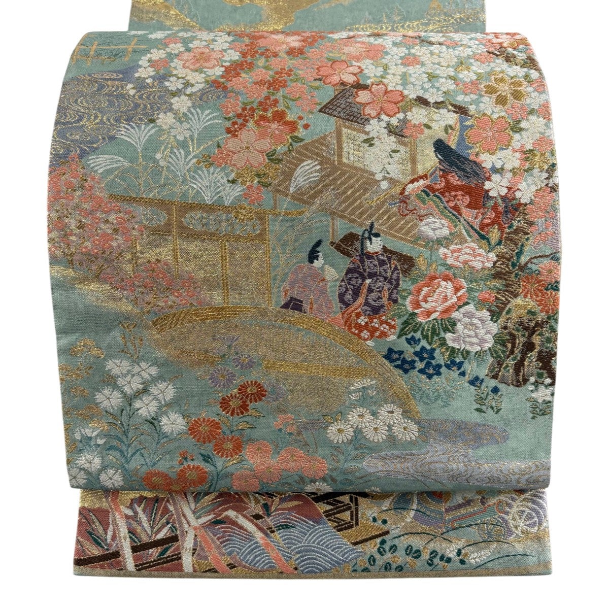 袋帯 秀品 殿姫 桜 金糸 箔 薄緑 お太鼓柄 正絹｜中古・古着