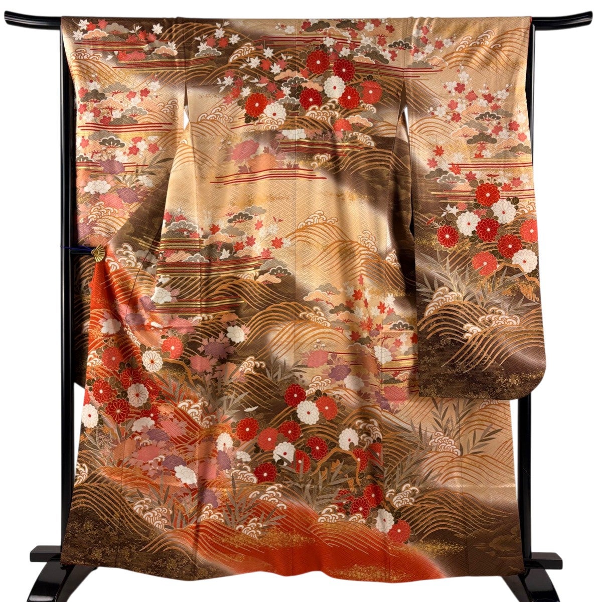 【美品】 振袖 身丈169cm 裄丈71.5cm 正絹 名品 【中古】 振袖 身丈169cm 裄丈71cm L 袷 草花 金糸 金彩 小豆色 正絹 秀品