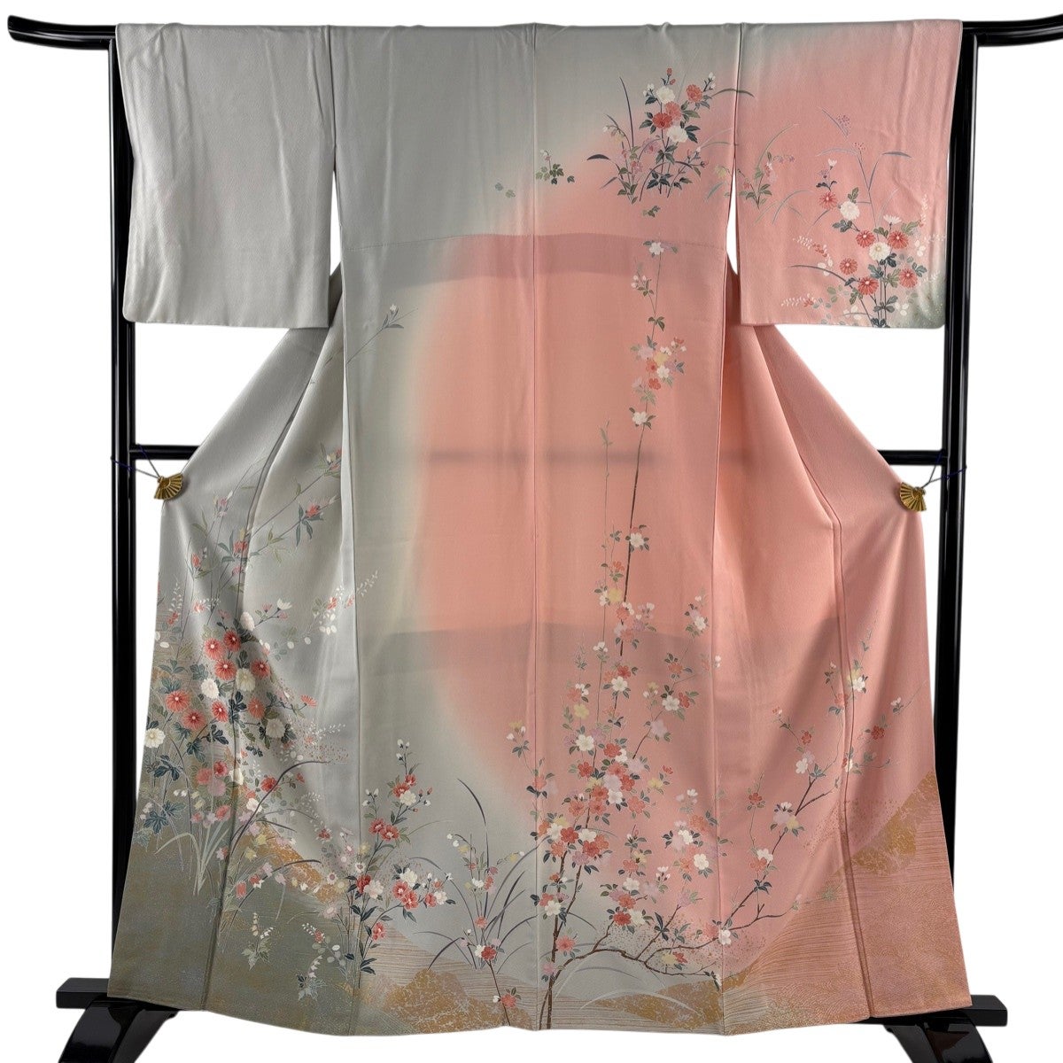 訪問着フルセット 枝花文　金彩　三越扱い　袷　身丈156cm 裄丈65cm 訪問着 身丈159cm 裄丈67cm M 袷 枝花 葡萄 金彩 ぼかし 灰緑 正絹 秀