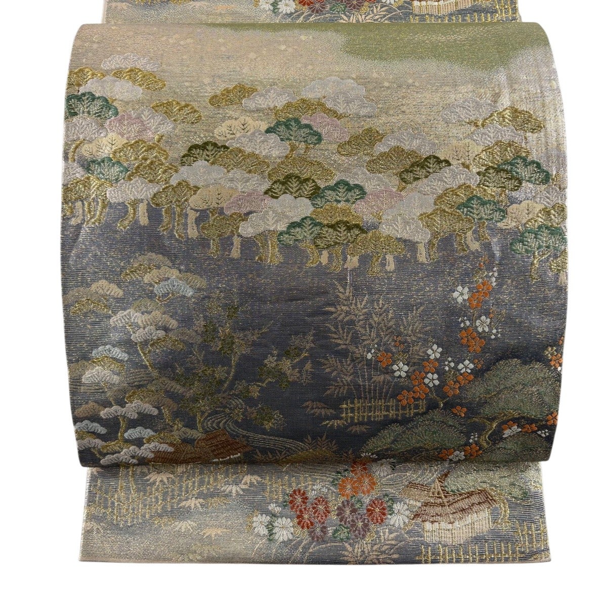 美品】 袋帯 秀品 華文 鶴 金銀糸 箔 灰緑 六通 正絹｜中古・古着