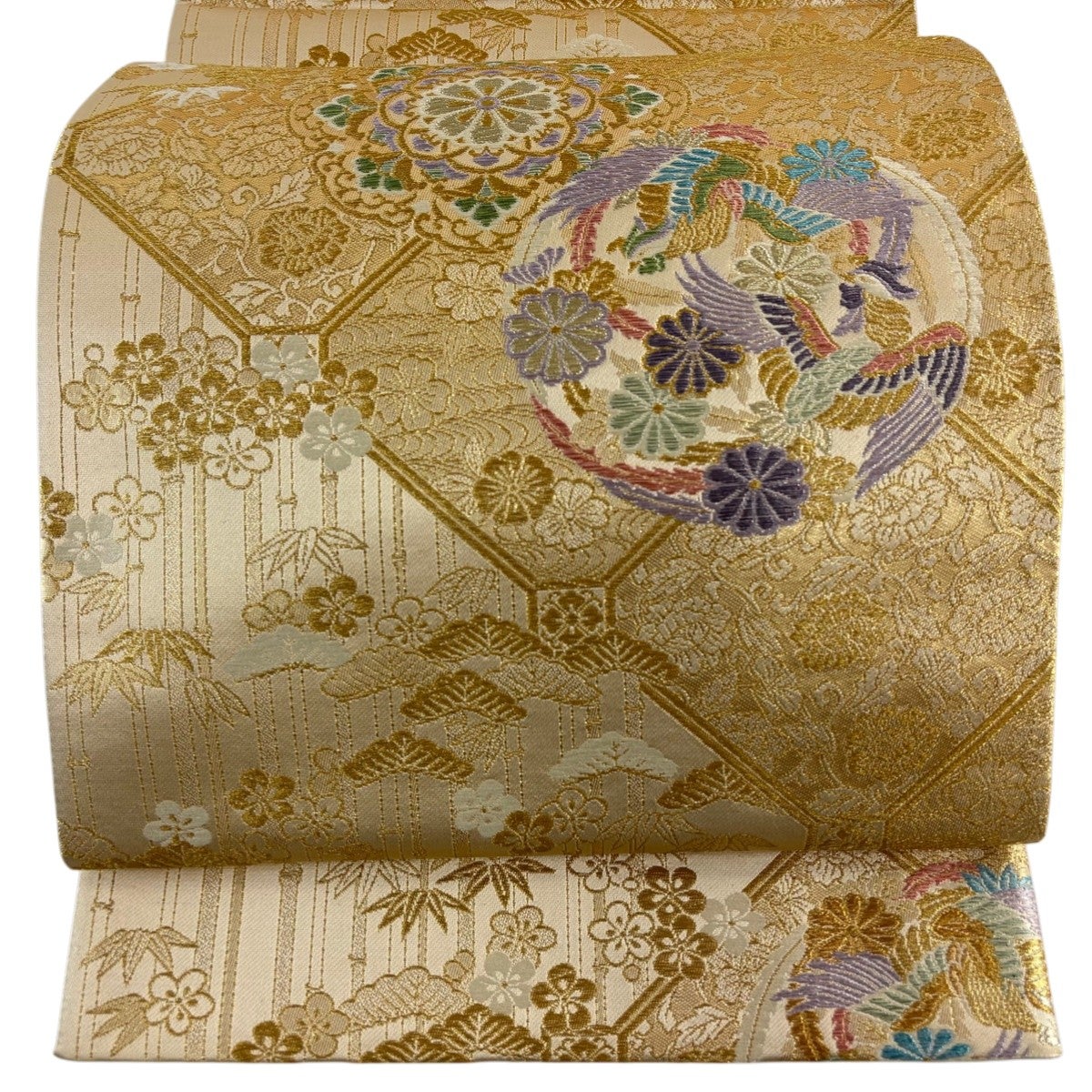 美品】 袋帯 秀品 鳥 草花 金糸 箔 金色 六通 正絹｜中古・古着