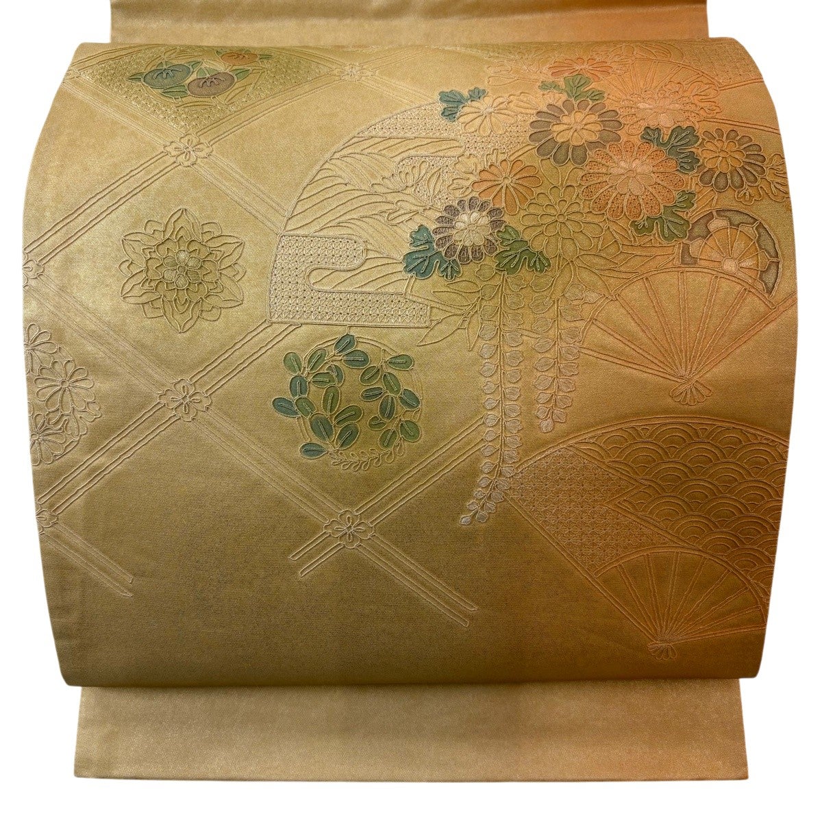 美品】 袋帯 名品 菊 楓 金銀糸 綴れ ベージュ お太鼓柄 正絹｜中古