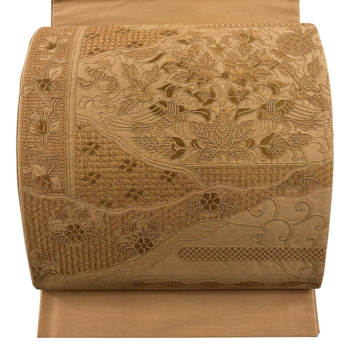 美品】 袋帯 秀品 紬地 草花 刺繍 茶緑色 お太鼓柄 正絹|中古・古着 美品】 袋帯 秀品 紬地 草花 刺繍 茶緑色 お太鼓柄 正絹|中古・古着