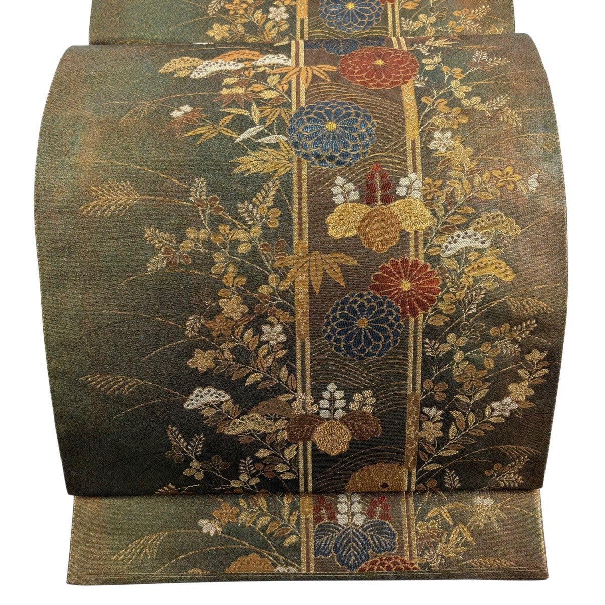 美品】 袋帯 秀品 振袖向き 桜 波 金銀糸 箔 黒 六通 正絹｜中古・古着