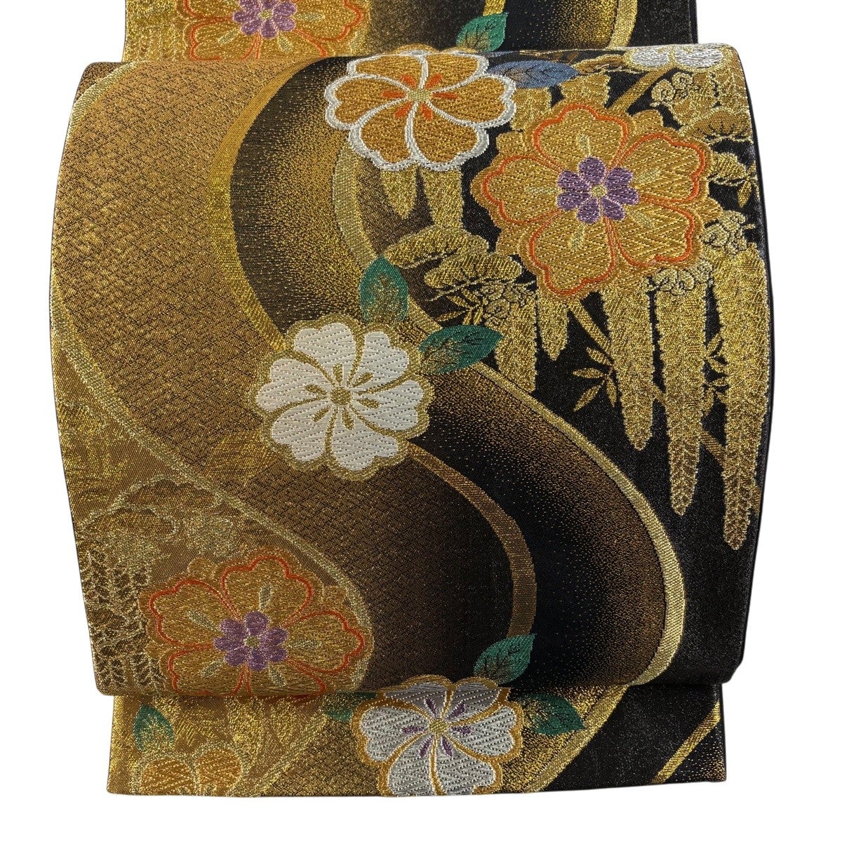 袋帯 秀品 花鳥 孔雀 金銀糸 箔 クリーム 六通 正絹｜中古・古着