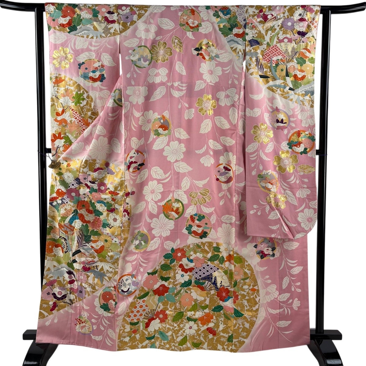 附下げ 袷 刺繍 御所車 梅の木に牡丹 菊 156cm前後 美品】 付