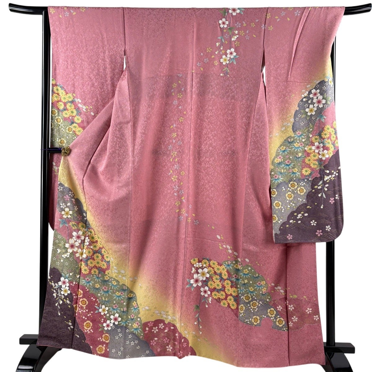 振袖 身丈162cm 裄丈69cm L 袷 桜 雪輪 金通し 金彩 ピンク 正絹 名品