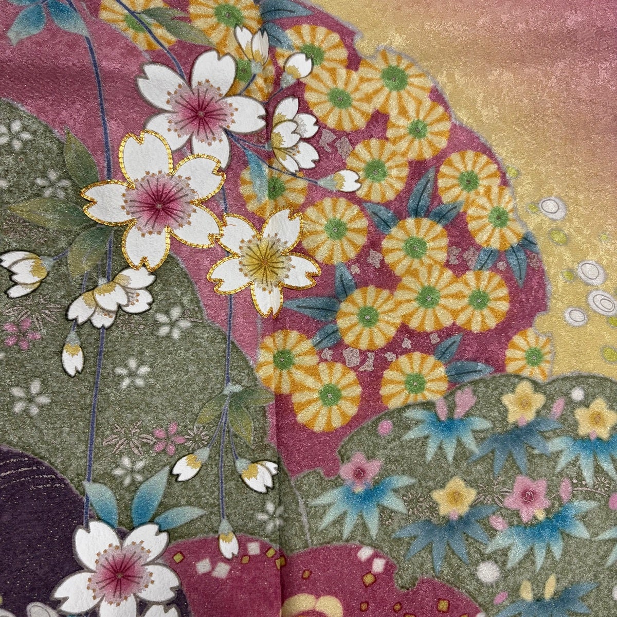 振袖 身丈162cm 裄丈69cm L 袷 桜 雪輪 金通し 金彩 ピンク 正絹 名品