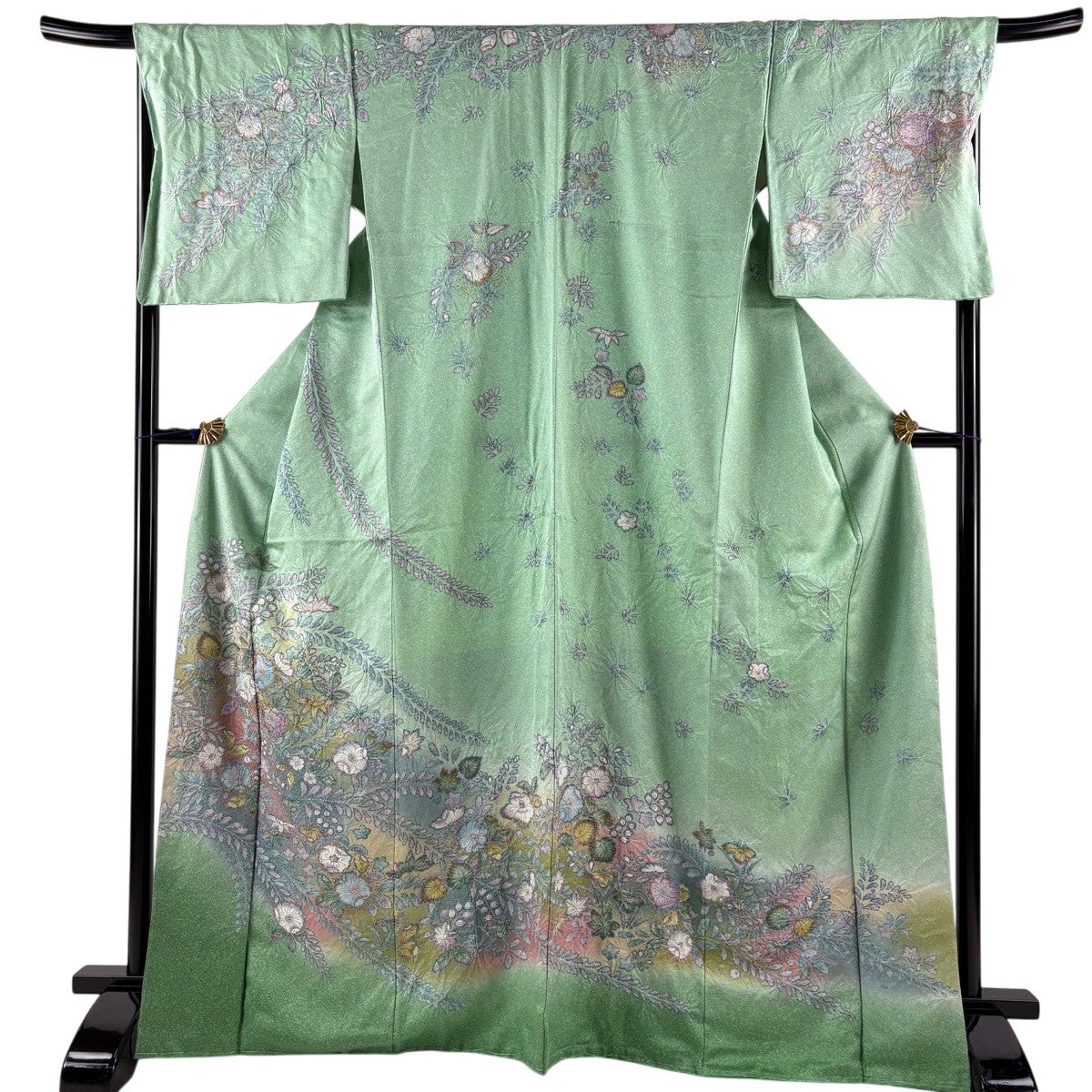 訪問着 身丈169cm 裄丈69cm L 袷 辻が花 笹 金彩 ぼかし 薄緑 正絹