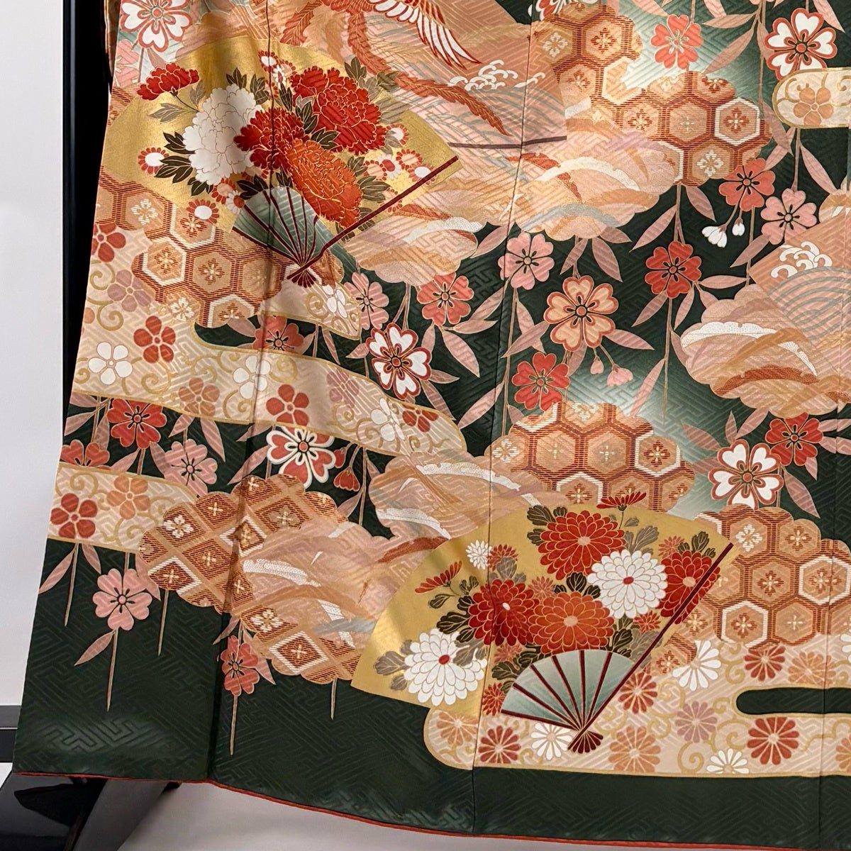 振袖 身丈166cm 裄丈67.5cm L 袷 扇 牡丹 金糸 金彩 深緑 正絹 秀品