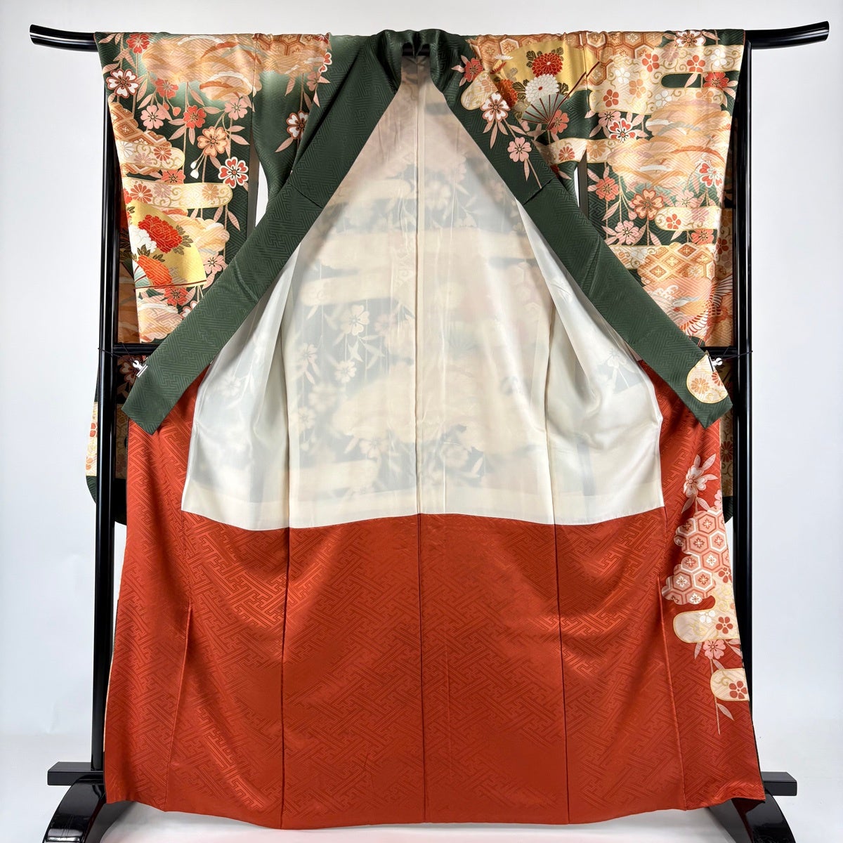 振袖 身丈166cm 裄丈67.5cm L 袷 扇 牡丹 金糸 金彩 深緑 正絹 秀品
