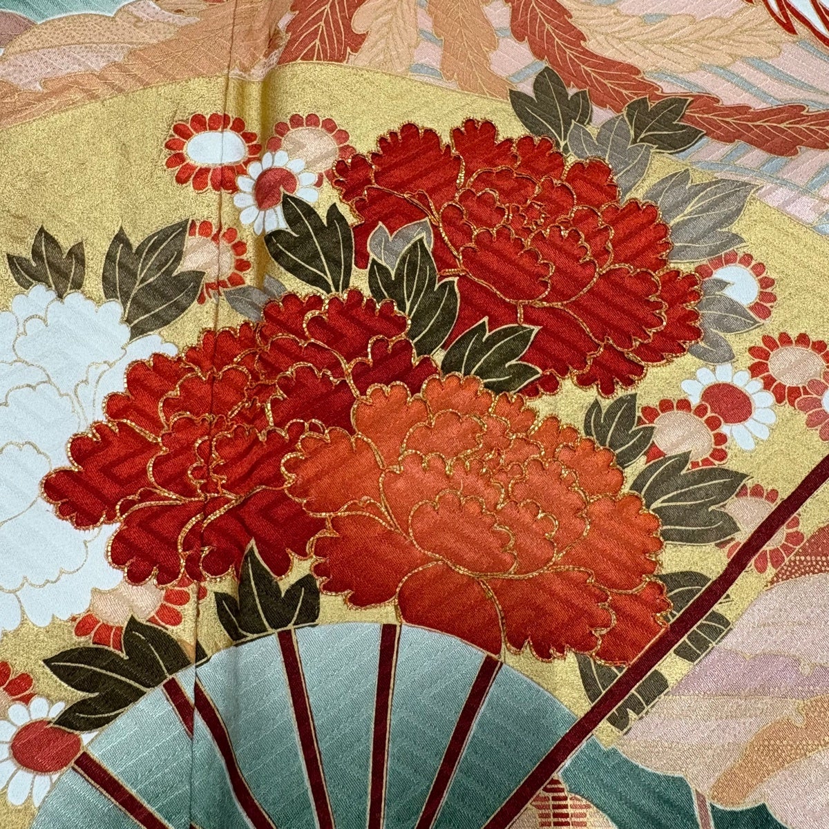 振袖 身丈166cm 裄丈67.5cm L 袷 扇 牡丹 金糸 金彩 深緑 正絹 秀品