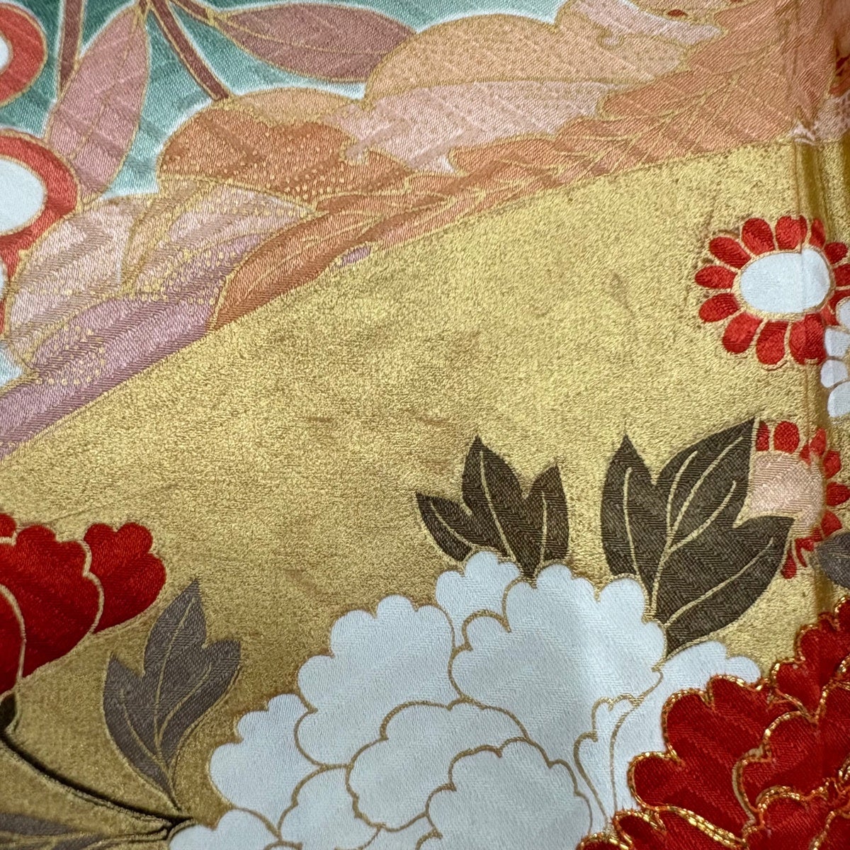 振袖 身丈166cm 裄丈67.5cm L 袷 扇 牡丹 金糸 金彩 深緑 正絹 秀品