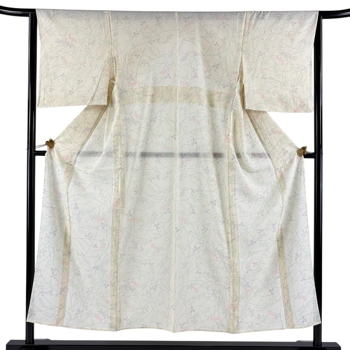 美品】 小紋 身丈152.5cm 裄丈63.5cm S 薄物 絽 草花 薄黄 正絹 秀品
