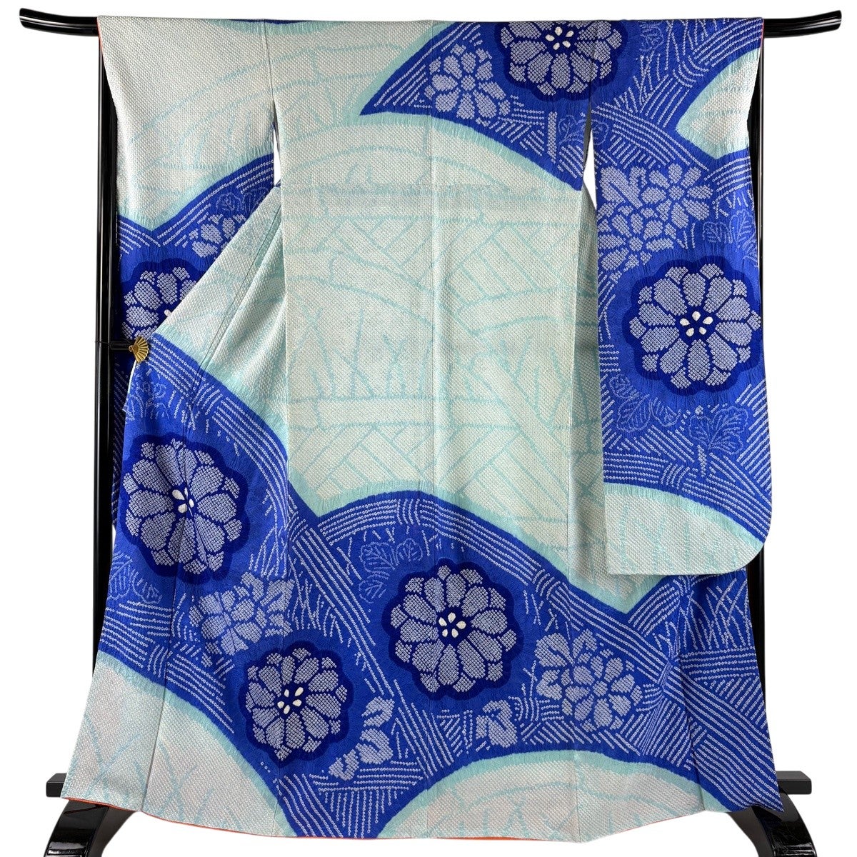 振袖 身丈165cm 裄丈66.5cm M 袷 草花 間垣 絞り 水色 正絹 秀品｜中古