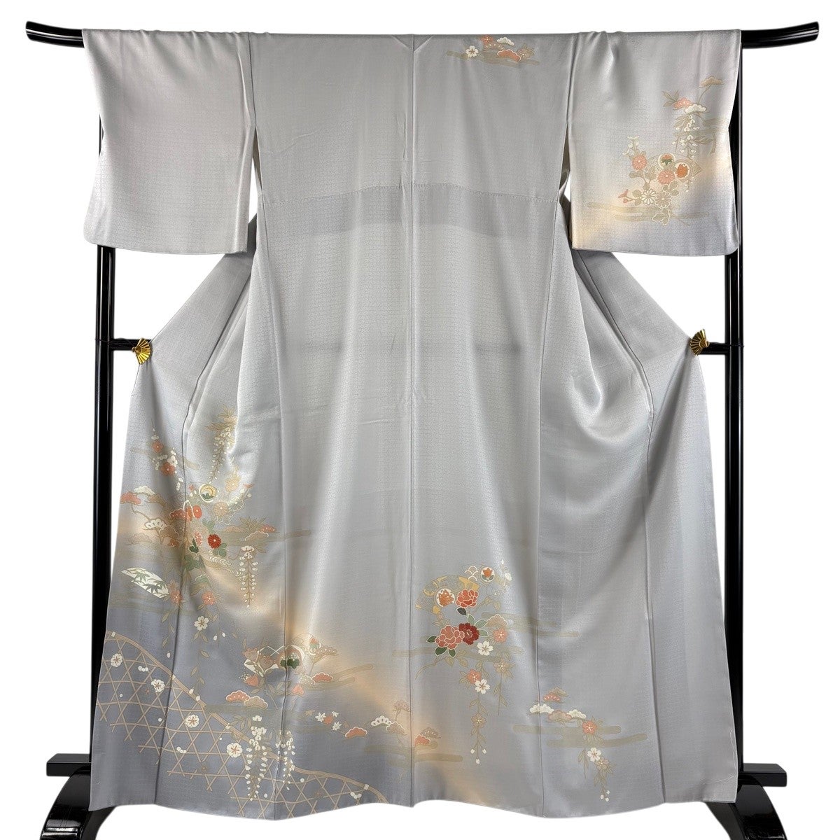 訪問着 身丈165cm 裄丈69.5cm L 袷 松竹梅 蝶 金彩 染分け 灰色 正絹
