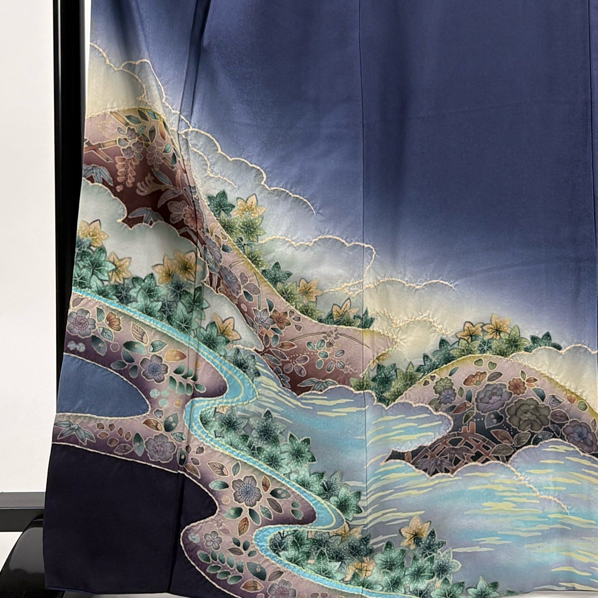 訪問着 身丈167cm 裄丈70cm L 袷 山並み 草花 絞り ぼかし 青紫 正絹