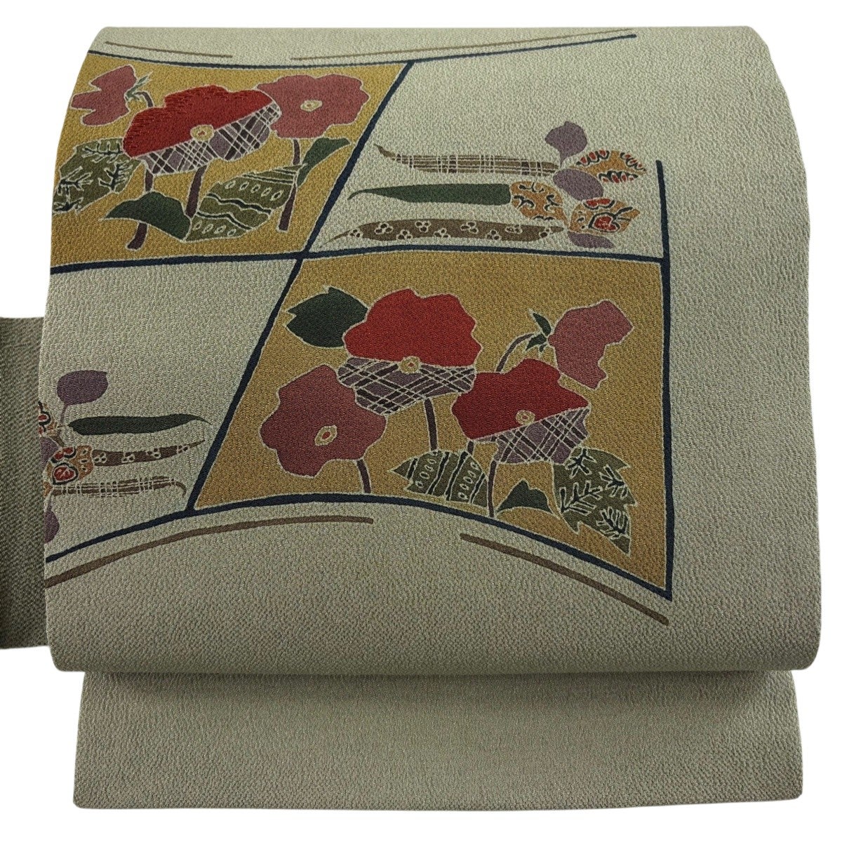 名古屋帯 秀品 落款あり 菖蒲 金彩 縮緬 薄黄土色 正絹｜中古・古着