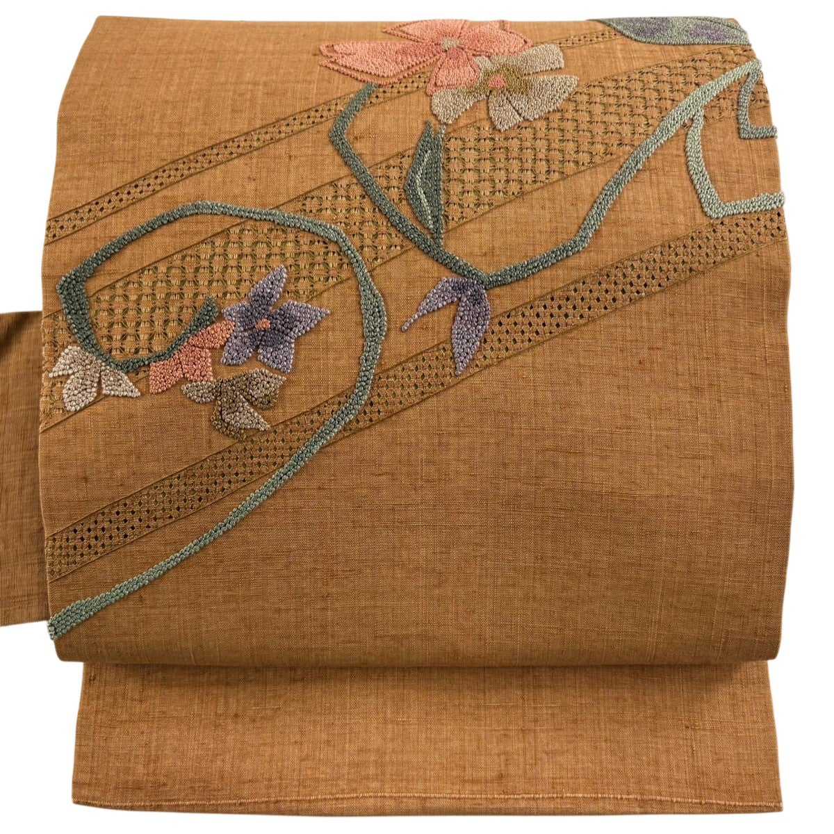 大阪買い 名古屋帯 美品 秀品 紬地 草花 幾何学 相良刺繍 汕頭