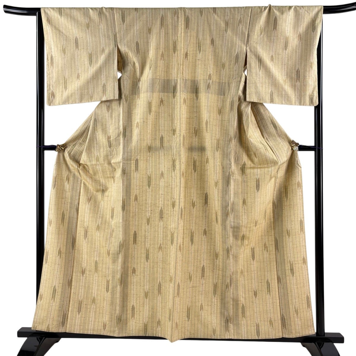 美品】 紬 身丈159cm 裄丈66.5cm M 単衣 縦縞 矢絣 ベージュ 正絹 名品