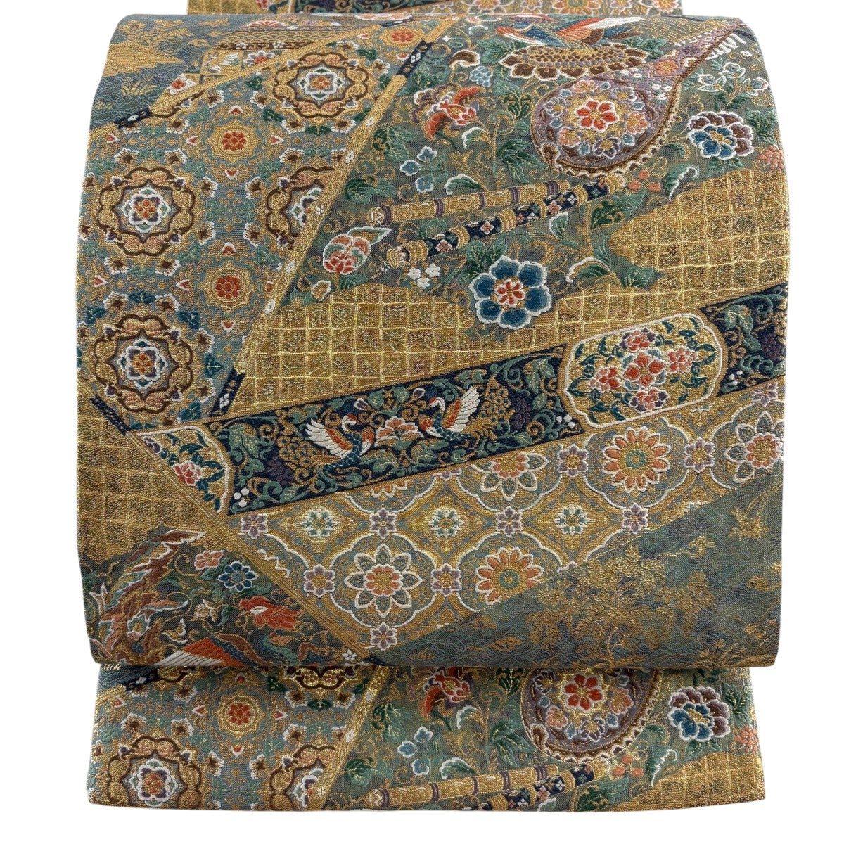 美品】 袋帯 秀品 鈴乃屋 波 草花 箔 金糸 サーモンピンク 六通 正絹
