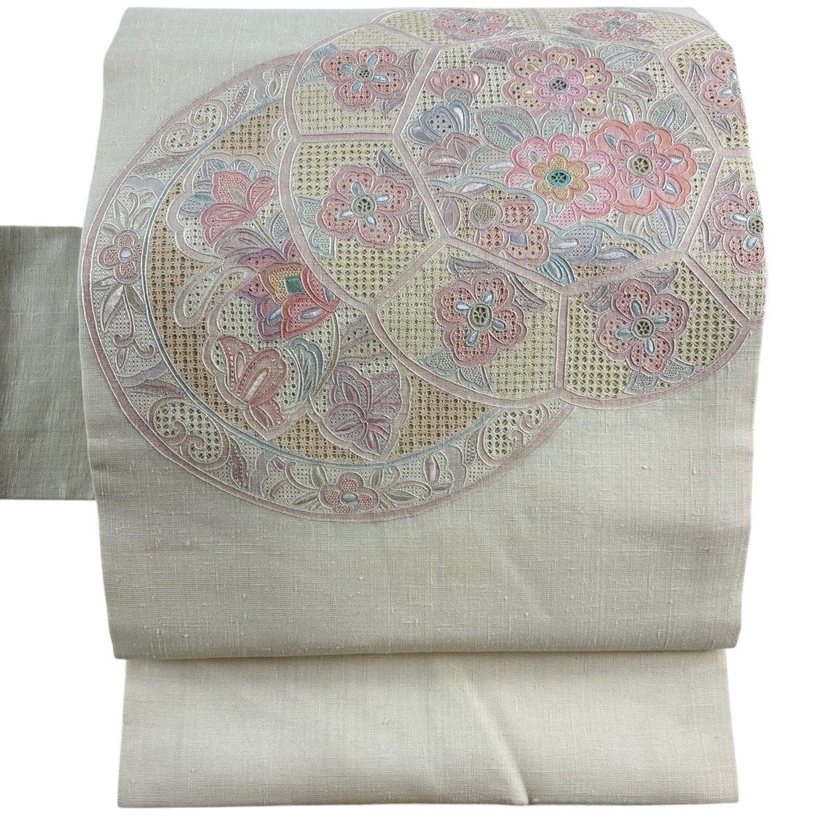 美品】 名古屋帯 秀品 紬地 華文 草花 刺繍 ベージュ 正絹｜中古・古着