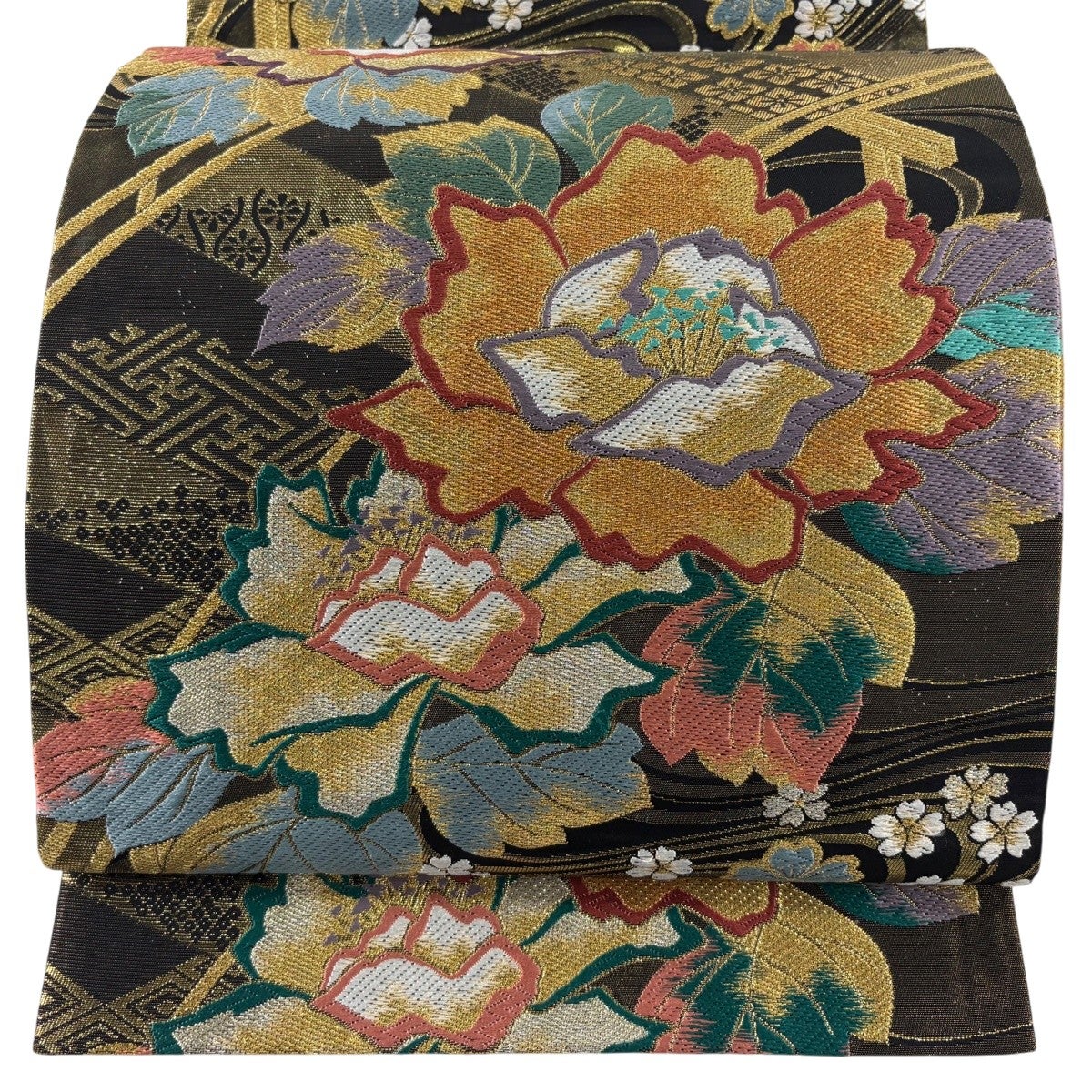 袋帯 秀品 牡丹唐草 金銀糸 箔 灰色 六通 正絹｜中古・古着