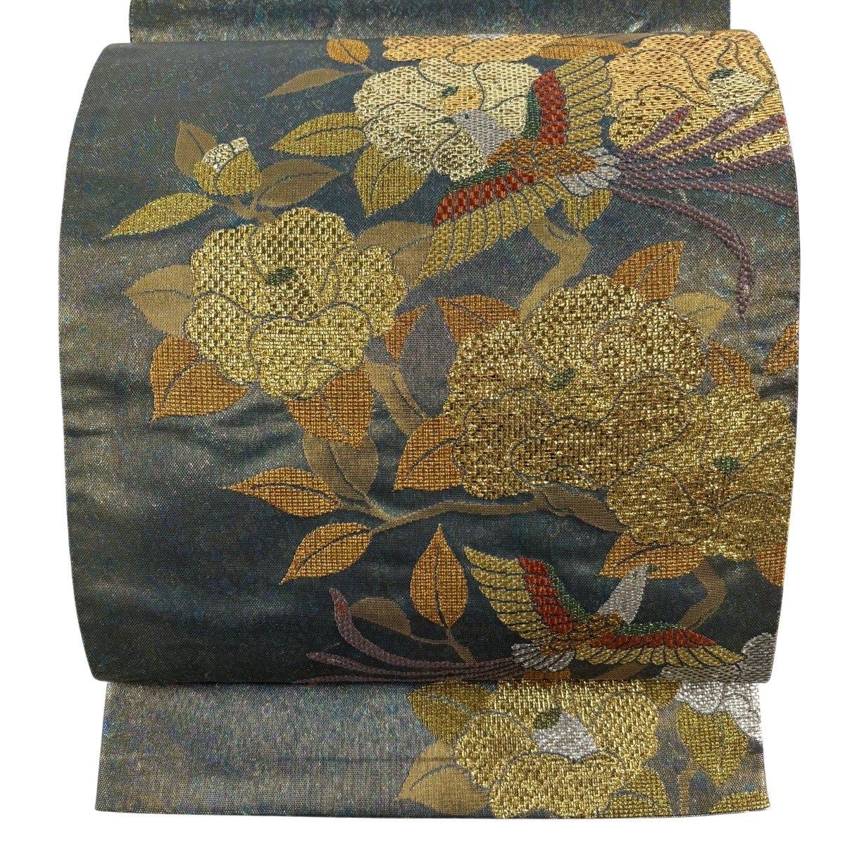 袋帯 秀品 やまと 幾何学 箔 刺繍 茶緑色 お太鼓柄 正絹｜中古・古着