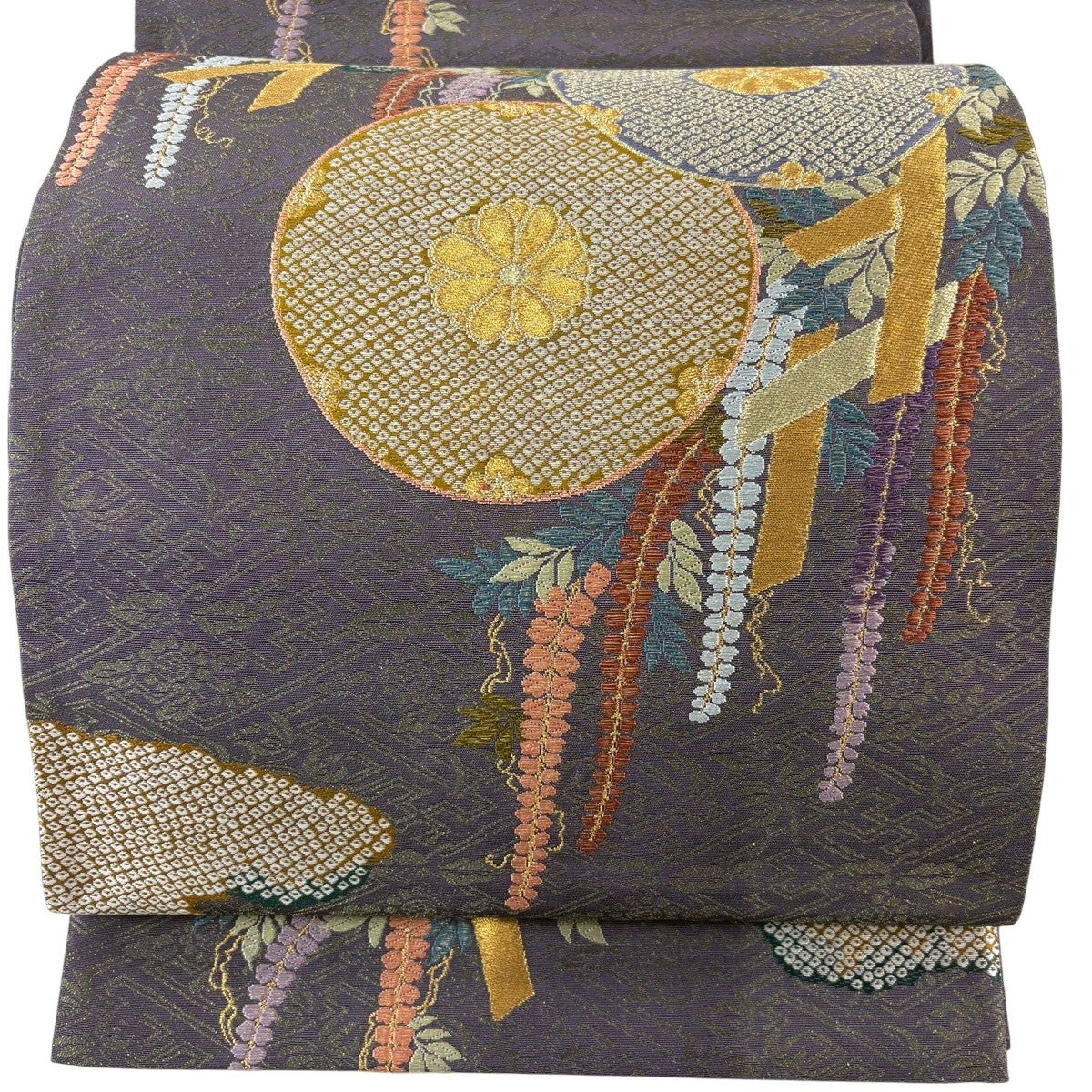 美品】 袋帯 名品 花井幸子 落款あり 草花 箔 紫 六通 正絹｜中古