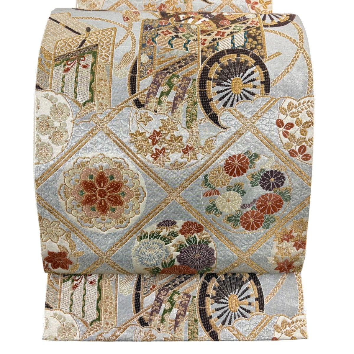 美品】 袋帯 秀品 草花 鳥 箔 金銀糸 薄緑 六通 正絹｜中古・古着
