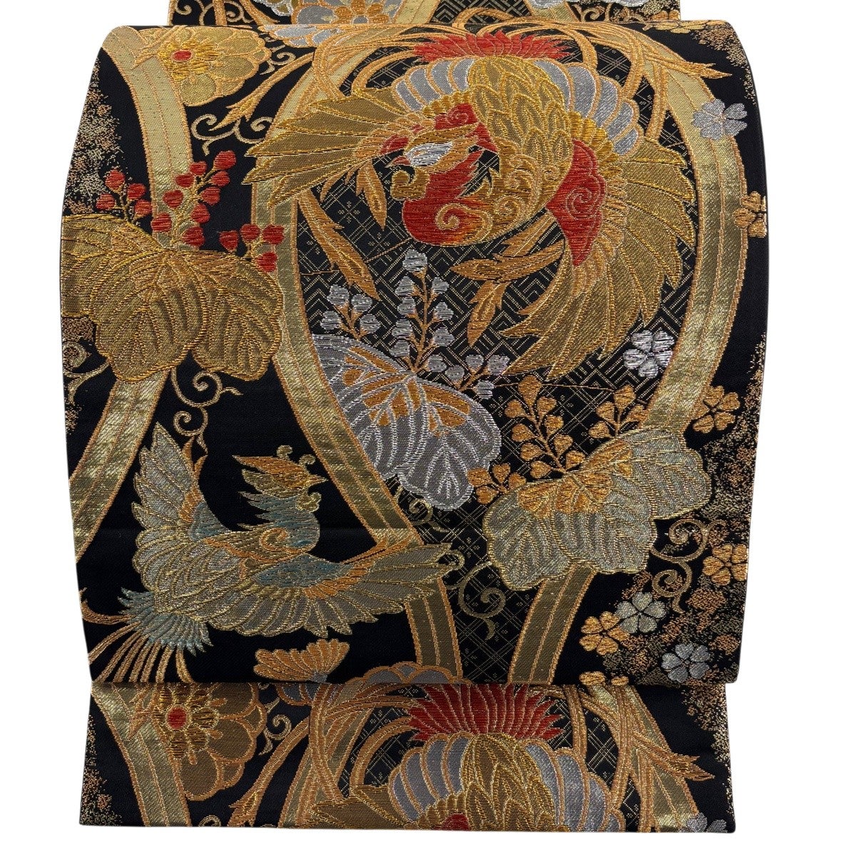 袋帯 秀品 振袖向き 桜 金糸 箔 黒 六通 正絹｜中古・古着・リサイクル