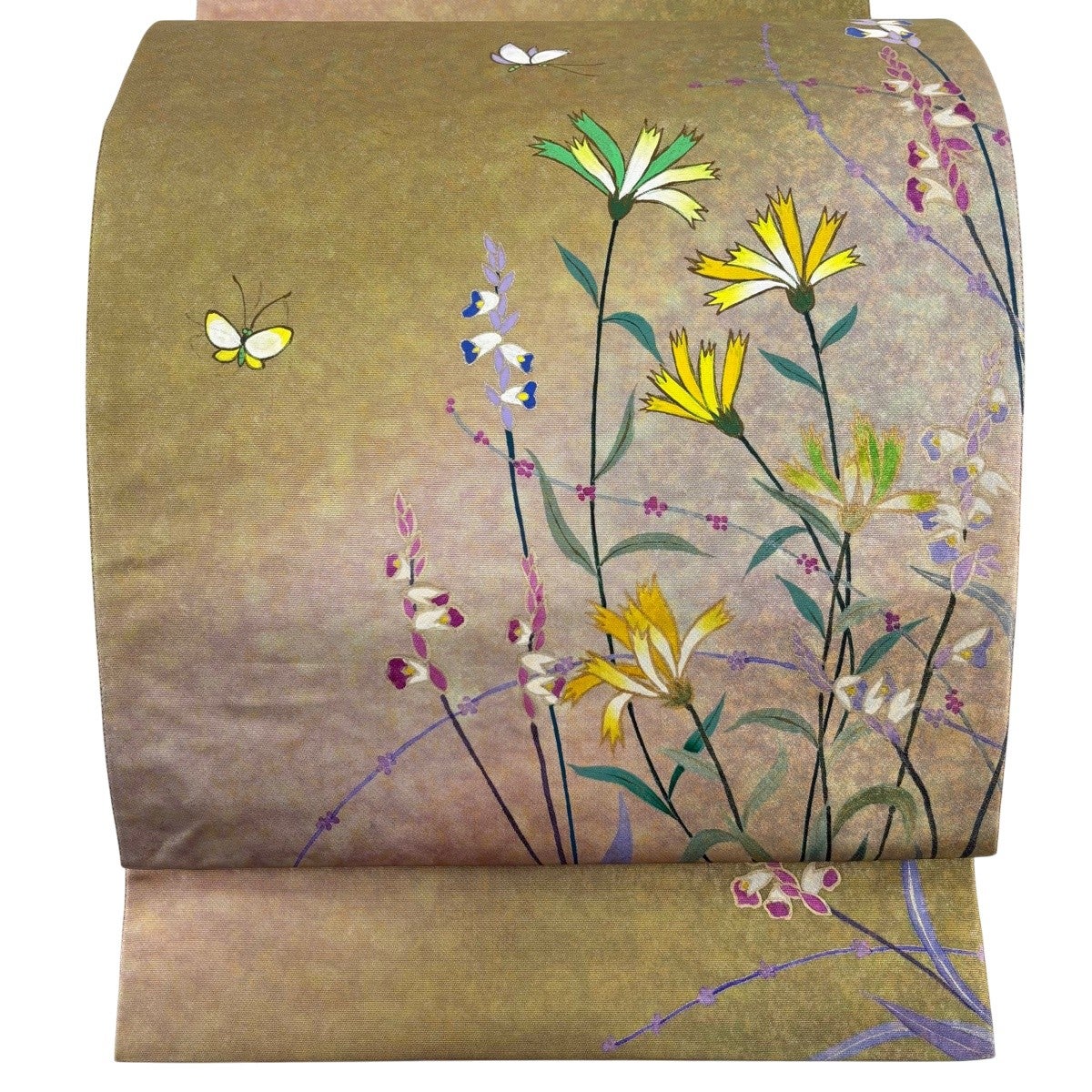美品】 袋帯 秀品 紬地 草花 更紗 金彩 刺繍 薄茶色 お太鼓柄 正絹 