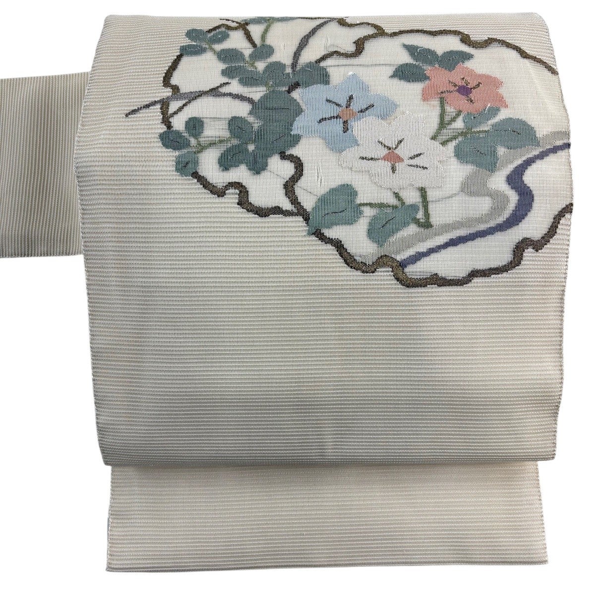70%OFF 名古屋帯 秀品 夏帯 八寸名古屋帯 絽 草花 銀糸 薄緑 正絹 K70 