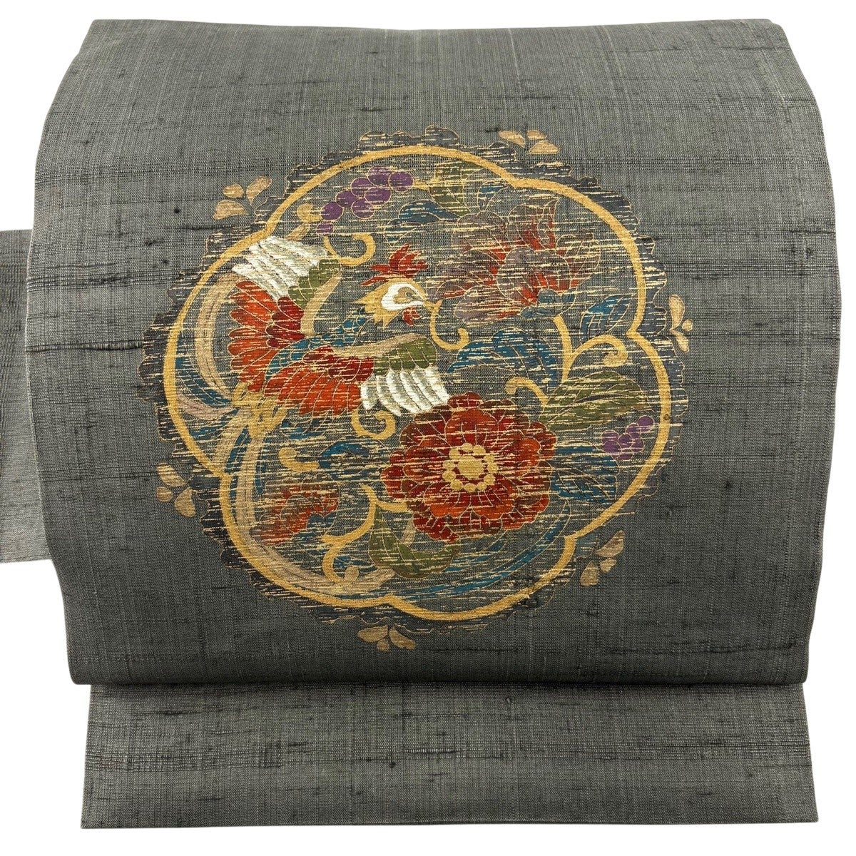 競ナビ】名古屋帯 美品 名品 紬地 華文 汕頭刺繍 灰緑 正絹 【中古】