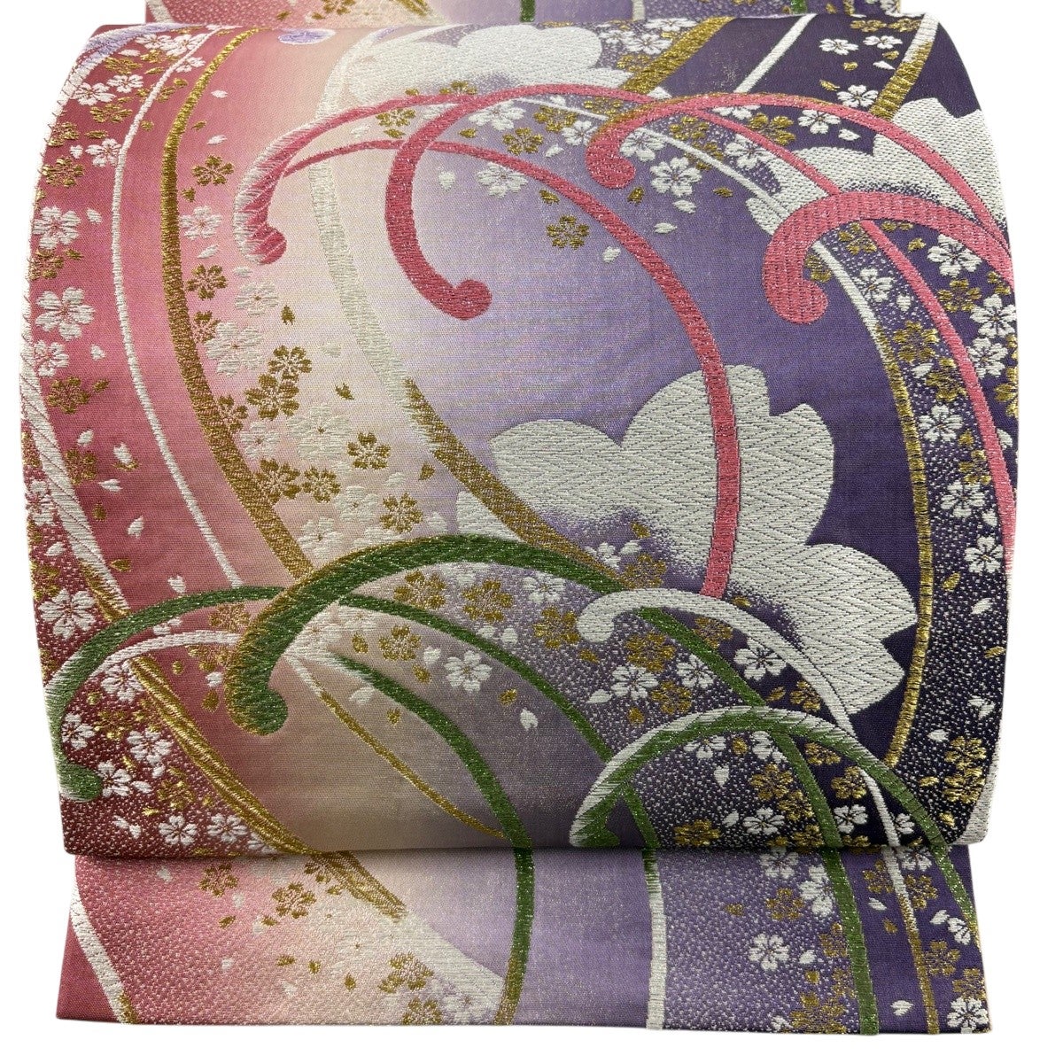 袋帯 秀品 振袖向き 桜 桜の花びら 金糸 箔 灰紫 六通 正絹｜中古
