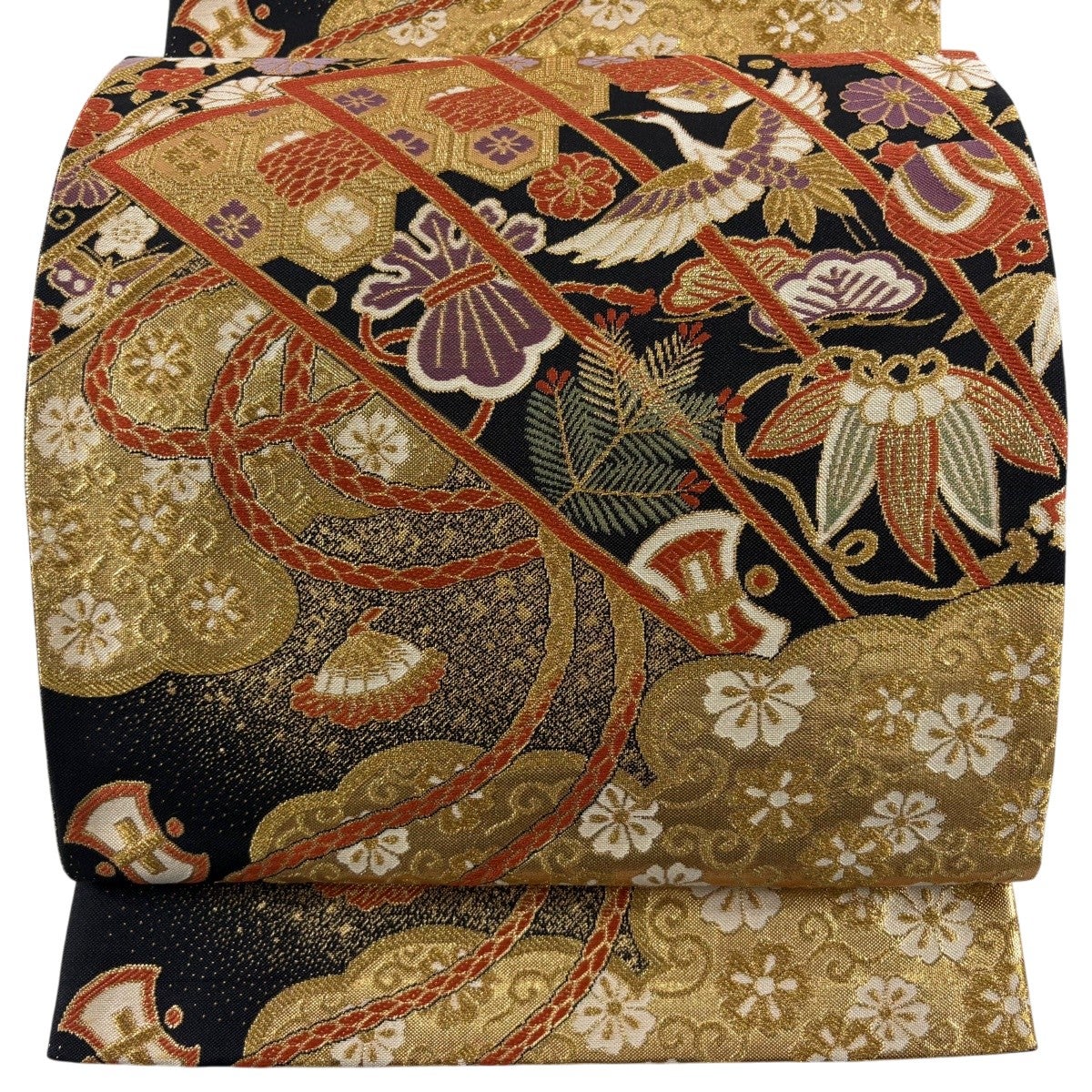 美品】 袋帯 秀品 松上鶴吉祥 金糸 箔 薄緑 六通 正絹｜中古・古着 