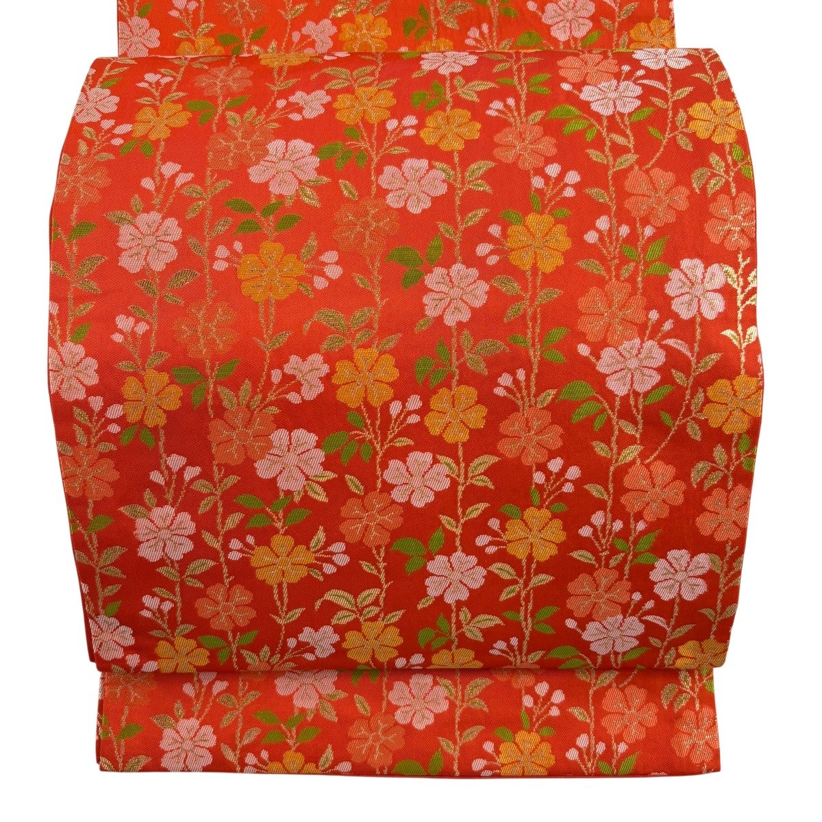 開き名古屋帯 優品 桜 箔 オレンジ 正絹｜中古・古着・リサイクル着物