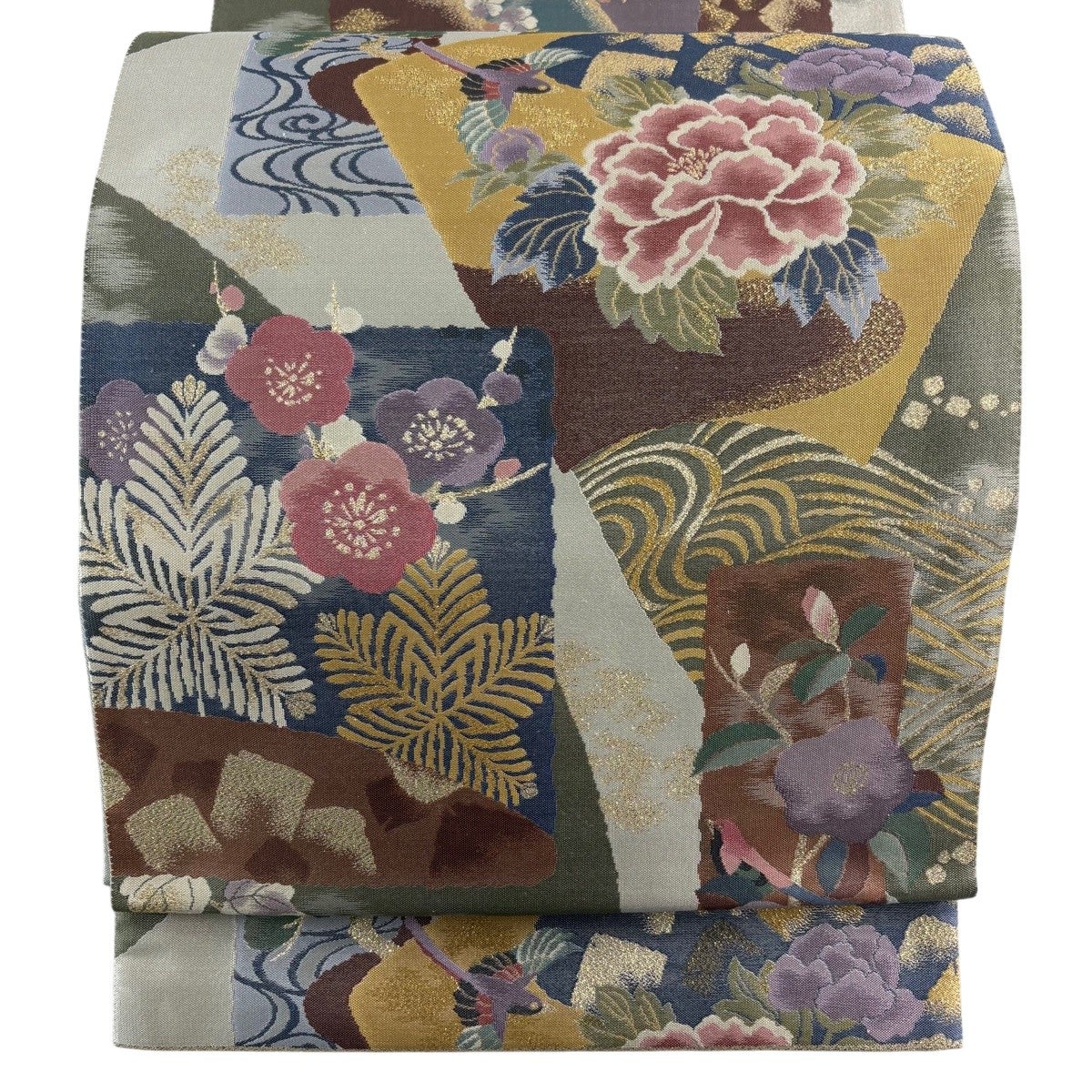 美品 袋帯 名品 小葵文 段縞模様 金糸 輪奈織 金色 六通