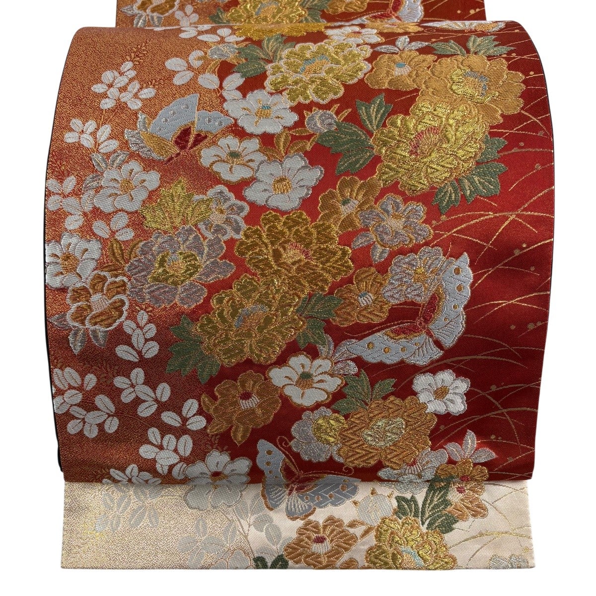 美品】 袋帯 秀品 草花 蝶 金銀糸 箔 赤 お太鼓柄 正絹｜中古・古着
