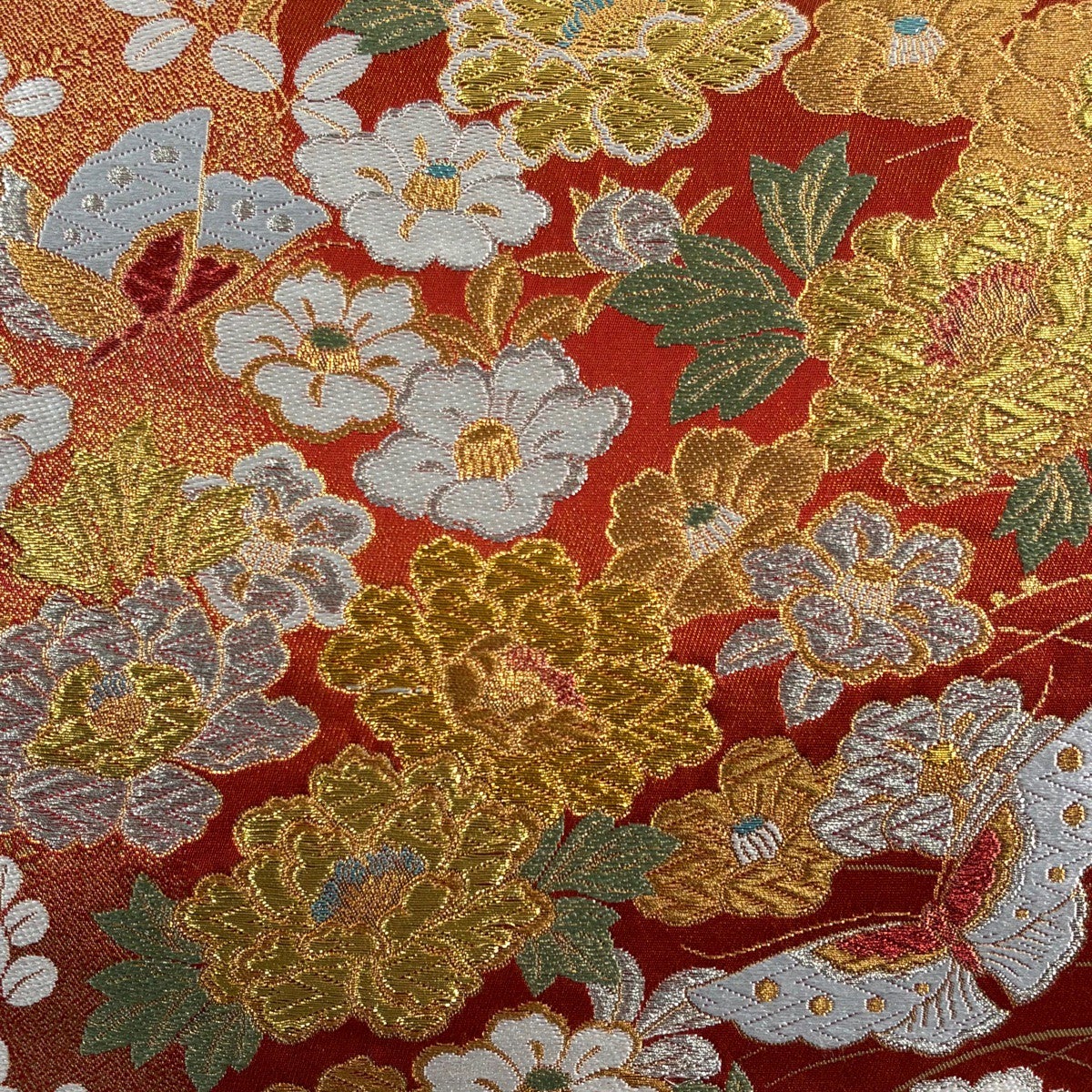 美品】 袋帯 秀品 草花 蝶 金銀糸 箔 赤 お太鼓柄 正絹｜中古・古着