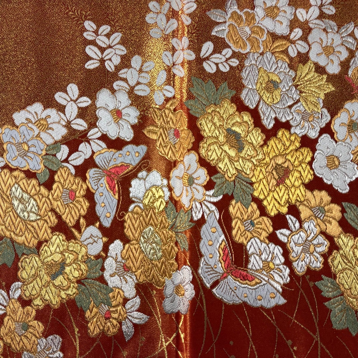 美品】 袋帯 秀品 草花 蝶 金銀糸 箔 赤 お太鼓柄 正絹｜中古・古着